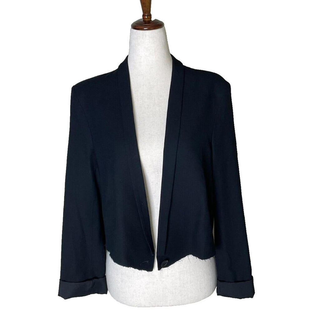 Helmut Lang Cropped Blazer Raw Hem One Button Rolled Cuff Sleeve Black Womens 4 - Picture 2 of 7
